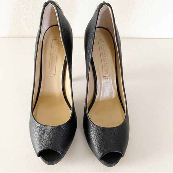 BCBG ROXANNE BLACK LEATHER STUDDED PEEP TOE PUMP - Picture 3 of 5